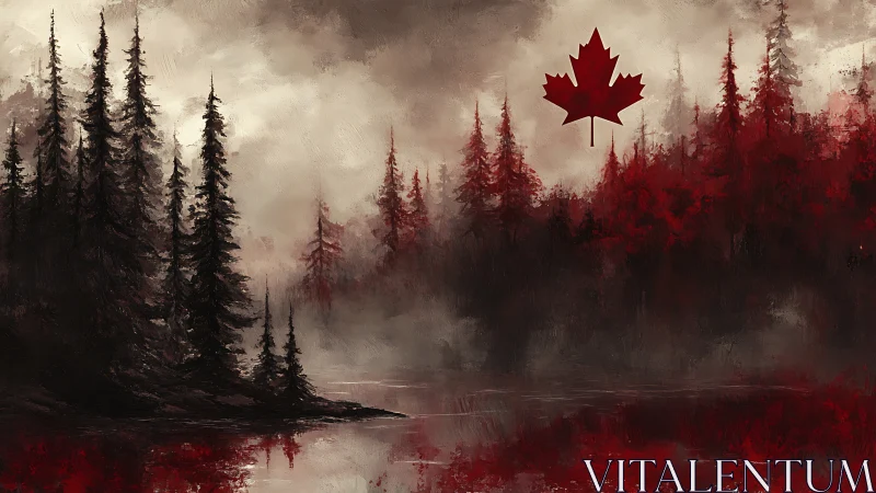 Canadian maple emblem over misty crimson pine forest.