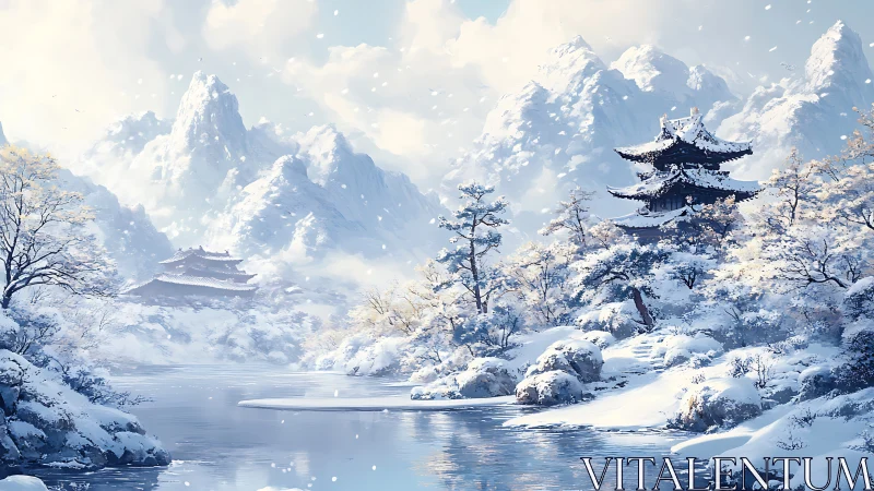 Tranquil pagoda stands in a serene, snow-covered mountain valley
