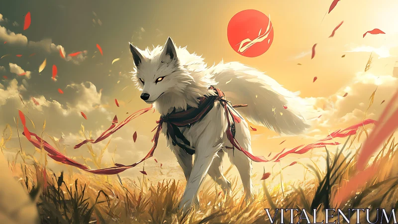 Luminous fox sentinel under solar disc with kinetic ribbons.