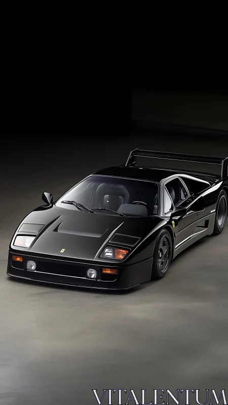 Black Ferrari F40 supercar in studio with low key lighting.