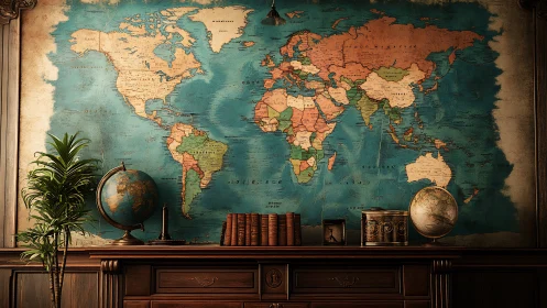 Vintage world map mural dominates a classic study wall
