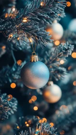 Frosted blue ornament glows softly on a wintery tree