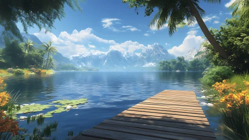 Serene wooden pier leads into a crystal lake beneath mountains