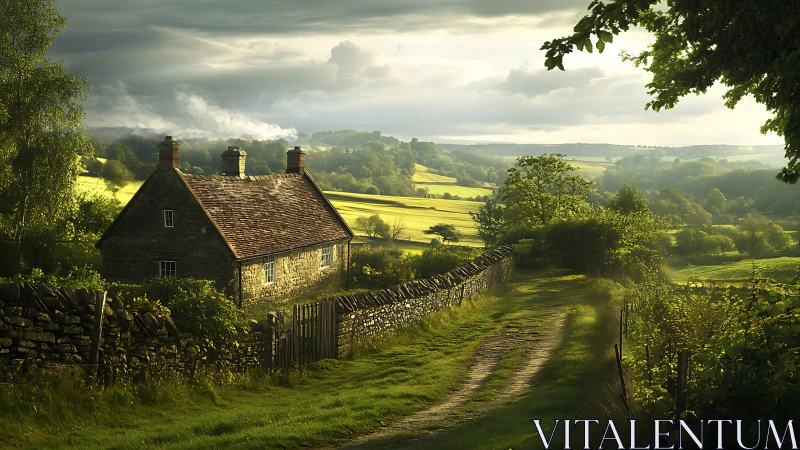 Sunlit stone cottage beside winding rural farm track