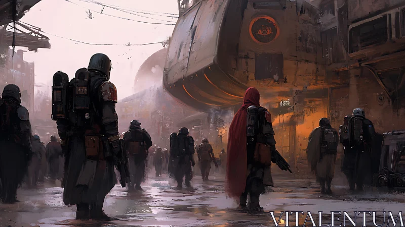 Wanderers beneath a rusted starship in misty dusk streets.