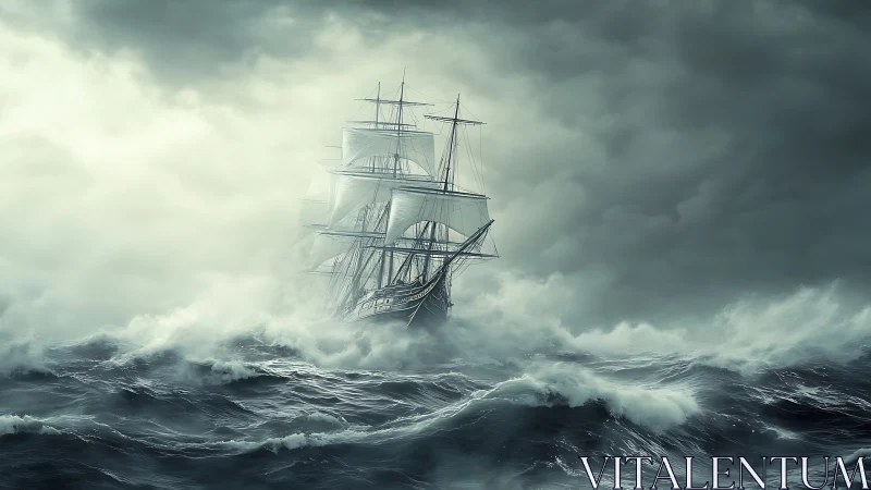 Tall ship sails through heavy storm waves under dark clouds