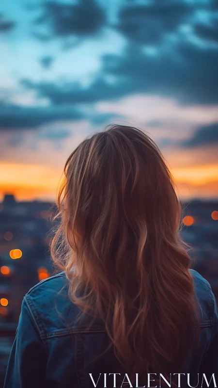 Woman watches glowing city at dusk under vivid sky