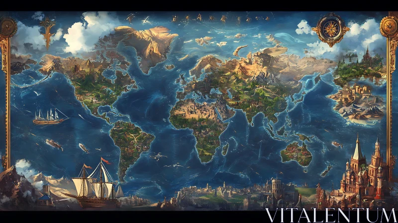 Fantasy world atlas map in ornate illustrative cartographic style.