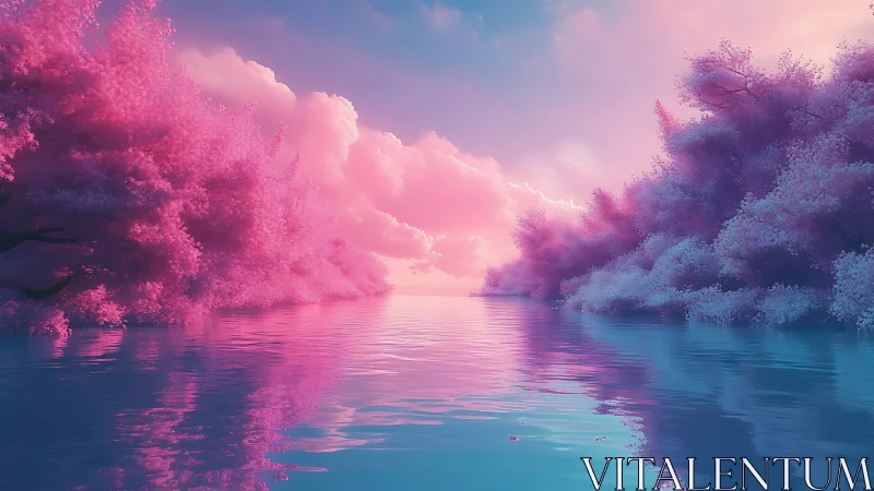 Cotton candy forests lean over a glassy neon dream river