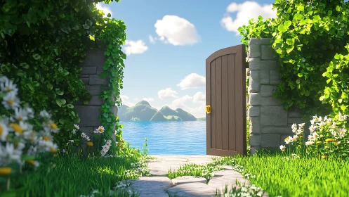 Garden doorway opens onto sunlit lake of quiet wonders.