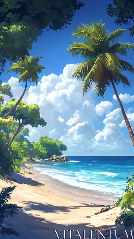 Tropical Beach Paradise with Palm Trees and Azure Waters.