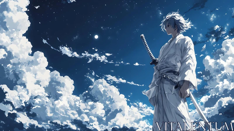 Samurai silhouette studies nocturnal sky in cinematic anime