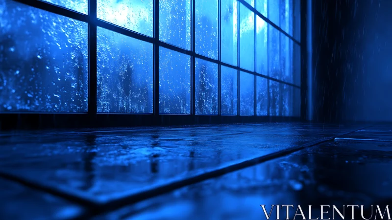 Specular blue rainfall on tiled floor by large window grid.