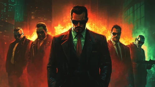 Midnight enforcers stride through neon fire like quiet storms