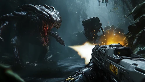 Gunfire carves burning daylight into the jungle leviathan