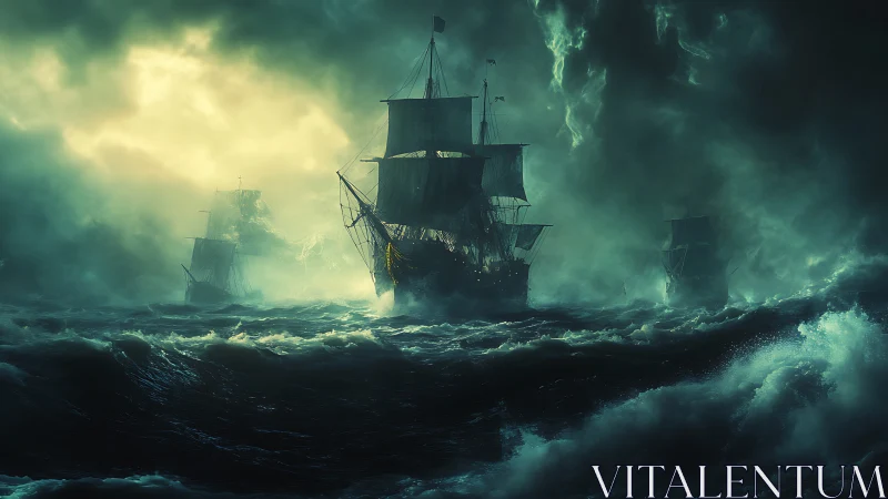 Storm-tossed galleons carve through emerald-lit tempest