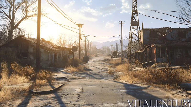 Sunlit abandoned roadway cuts through desolate ruins.