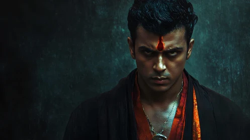 Intense portrait with sacred mark and dark backdrop.