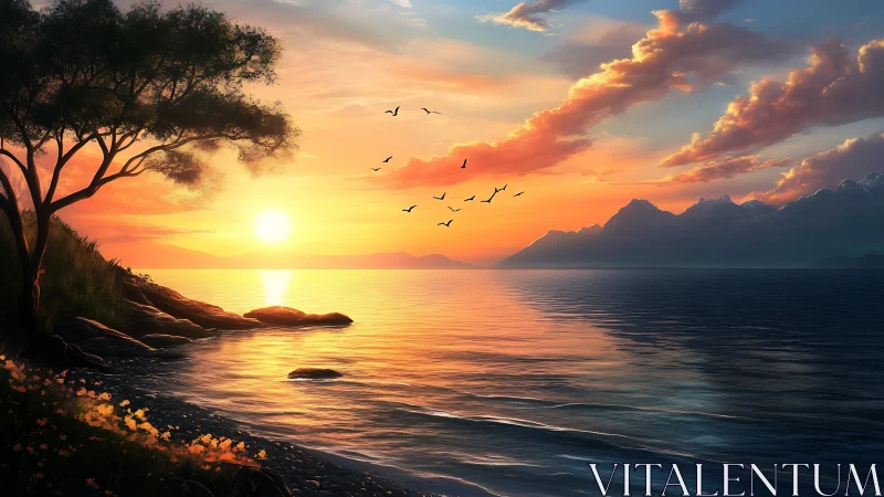 Sunset illuminates tranquil lake, silhouetted tree, distant peaks