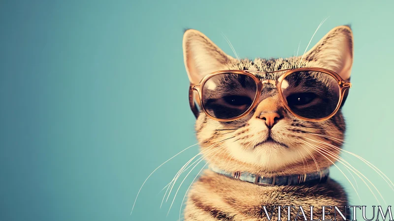 Tabby cat wearing sunglasses and collar against turquoise background