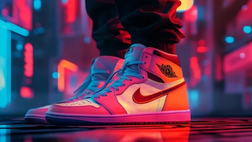 High-top sneakers under neon bicolor rim lighting in urban alley