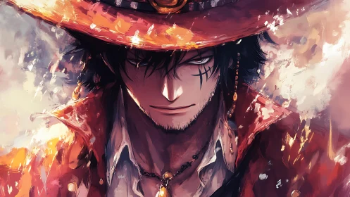 Smoldering-eyed wanderer smiles through swirling embers