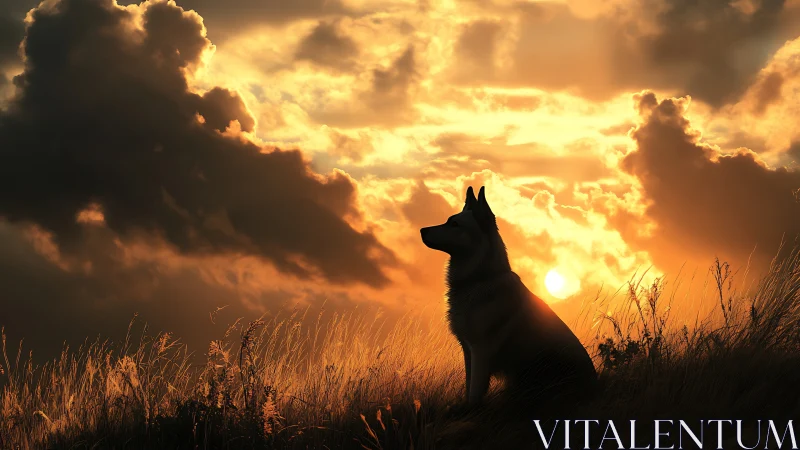 Silhouetted dog watching a blazing golden sunset sky.