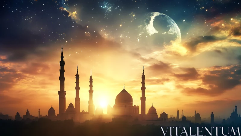 Celestial crescent moon rising above radiant mosque skyline.