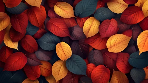 Autumn foliage pattern with layered red, orange, and gold leaves.