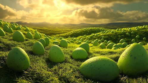 Green spheroid forms across grassy hills at sunset.