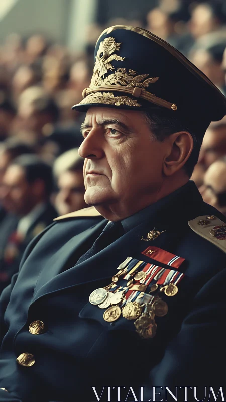 Decorated military officer in full dress uniform, solemn gaze.