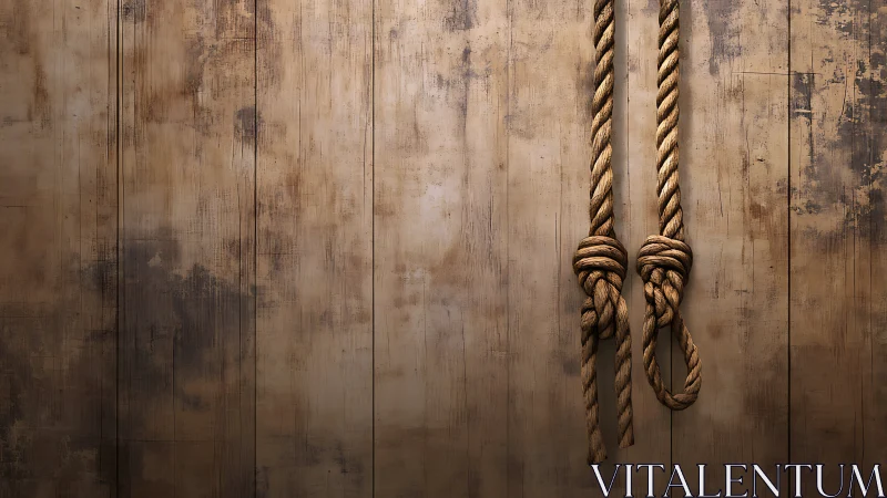 Rough hemp ropes against weathered wooden plank wall background.