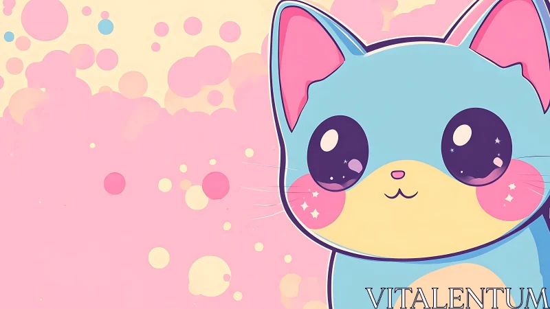 Pastel blue kawaii cat with sparkling starry eyes.