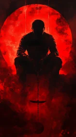 Silhouetted judge before blood-red moon of judgment.