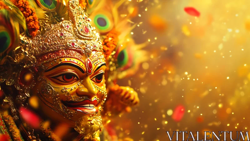 Gilded deity mask with floral and feather adornments in light.