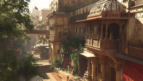 Sunlit historic alley with ornate sandstone balconies and volumetric dust