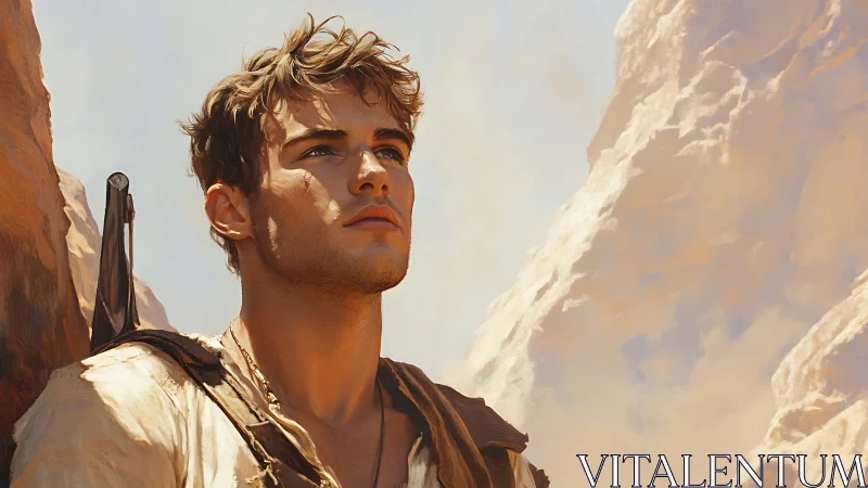 Sunlit desert wanderer rendered in cinematic digital painting