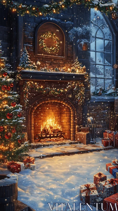 Snow covered room with lit Christmas fireplace and gifts
