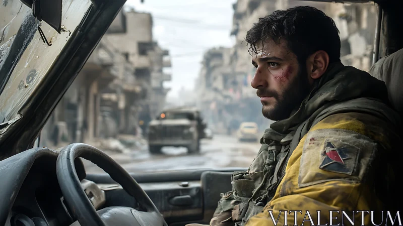 War-weary soldier in armored cab amid urban devastation.