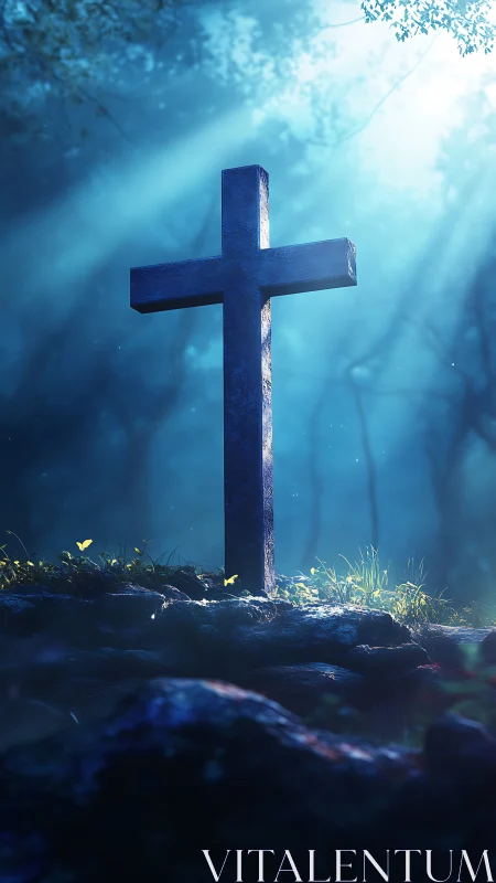 Stone cross stands in sunlit forest clearing amid blue haze