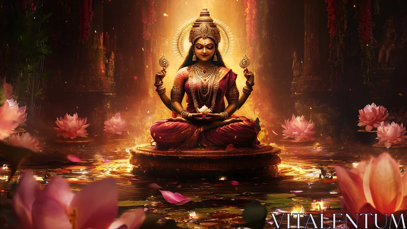 Digital depiction shows seated female deity amid lotus pool