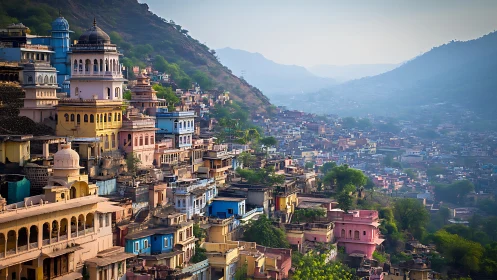 Colorful hillside Indian cityscape overlooks hazy valley