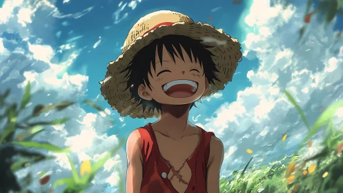Anime portrait of joyful straw hat boy in sunlit meadow.