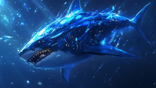 Glowing cybernetic shark streaking through deep blue waters.