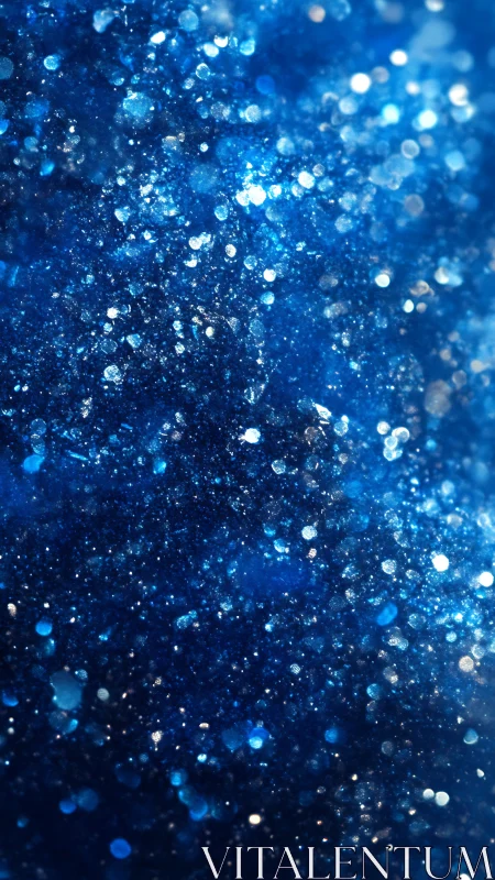Deep blue glitter macro texture with bright bokeh sparkles.