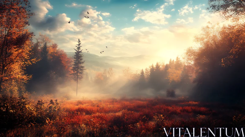 Sunlit autumn valley shows misty forest and distant hills