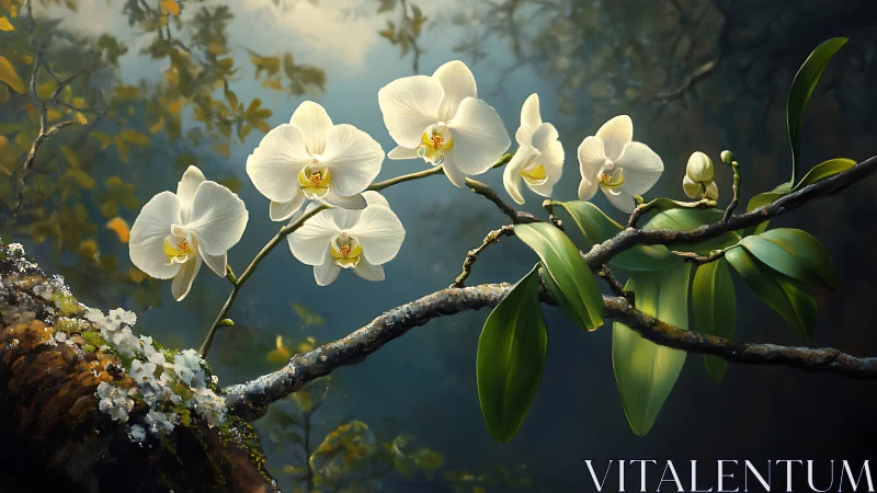 White phalaenopsis orchids rendered in atmospheric photorealism