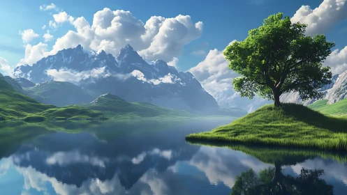 Solitary lakeside tree mirrored in crystalline mountain water.