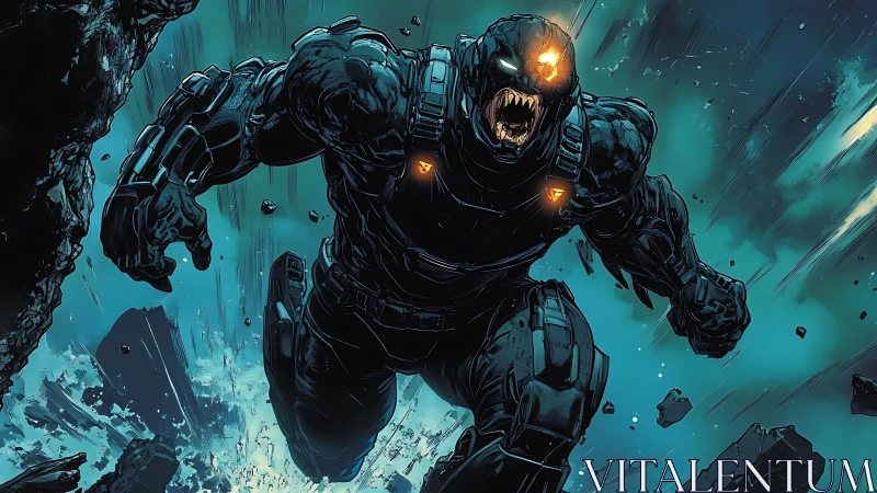 Armored cyber-behemoth in explosive atmospheric descent.