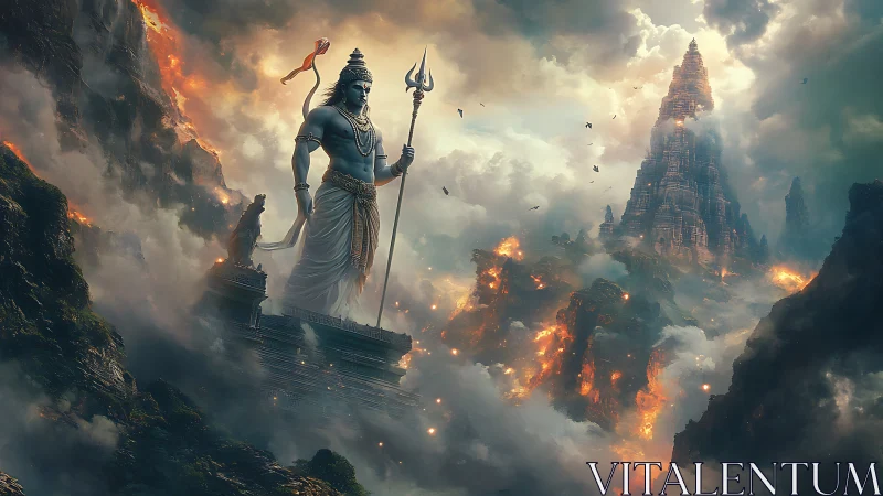 Giant mythic warrior with trident over fiery mountain realm.